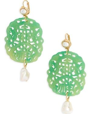 Kenneth Jay Lane Carved Stone Faux Pearl Drop Earrings - Green