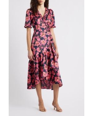 Caslon Floral Satin Jacquard Faux Wrap Dress - Red