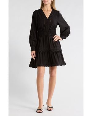 Ellen Tracy V-Neck Long Sleeve Crinkle Dress - Black