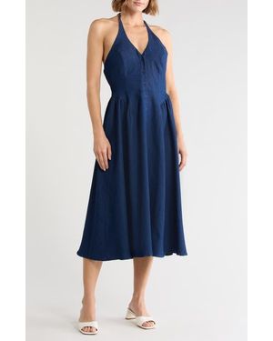 Lush Halter Neck Button Front Fit And Flare Midi Dress - Blue