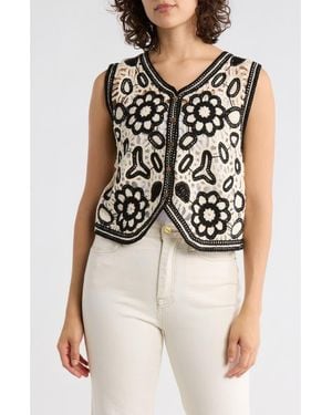 Forgotten Grace Floral Embroidered Open Knit Button Tank - Black