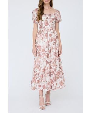 AUGUST SKY Floral Puff Sleeve Tiered Fit & Flare Midi Dress - White