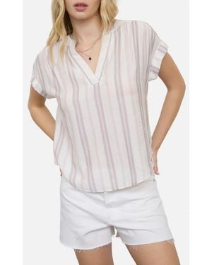 Blu Pepper Stripe Split Neck Top - White