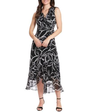 London Times Ruffle Faux Wrap Floral Dress - Black