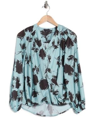Tahari Long Sleeve Faux Wrap Blouse - Blue