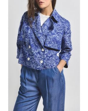 10 Crosby Derek Lam Elijah Floral Cotton Blend Double Breasted Crop Jacket - Blue