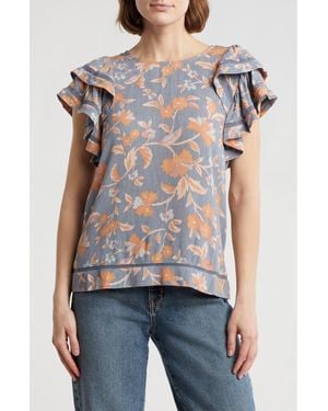 Daniel Rainn Mesh Inset Flutter Sleeve Top - Blue
