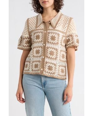Forgotten Grace Open Knit Square Short Sleeve Cardigan - Blue