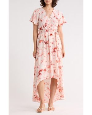 WEST K Faux Wrap High Low Midi Dress - Pink