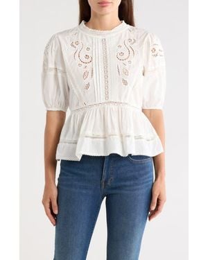Max Studio Embroidered Short Sleeve Cotton Peplum Top - White