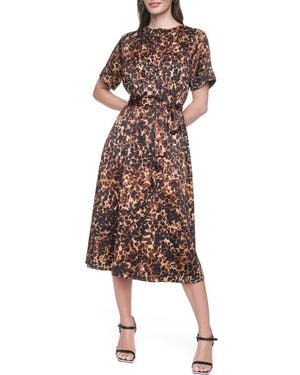 DKNY Short Sleeve A-Line Satin Dress - Brown