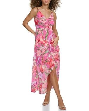 Siena Jewelry Floral Long Sleeve Clip Dot Chiffon Midi Dress - Pink