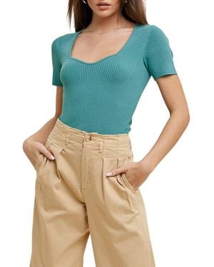 Wishlist Sweetheart Neck Short Sleeve Ribbed Sweater - Blue