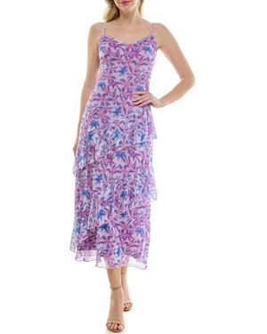 Bebe Print Mesh Ruffle Maxi Dress - Purple