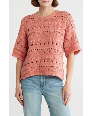 Melrose and Market Elbow Sleeve Cotton Pointelle Sweater - Red