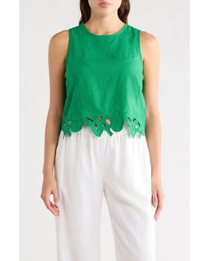 Tahari Embroidered Hem Crop Linen Blend Tank - Green