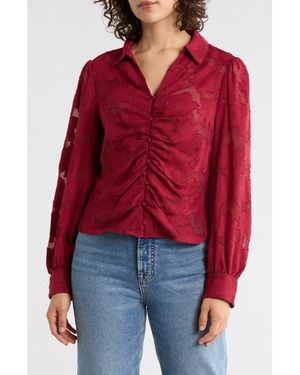 Adrianna Papell Ruched Burnout Button-Up Shirt - Red