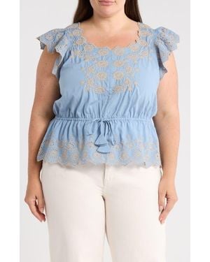 Democracy Embroidered Eyelet Flutter Sleeve Peplum Top - Blue