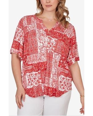 Ruby Rd. Floral Smocked Henley Jersey Top - Red
