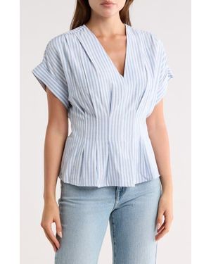 Max Studio Stripe Short Sleeve Pleated Front Top - Blue