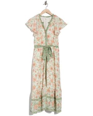 AUGUST SKY Floral Short Sleeve Tie Waist Dress - Natural
