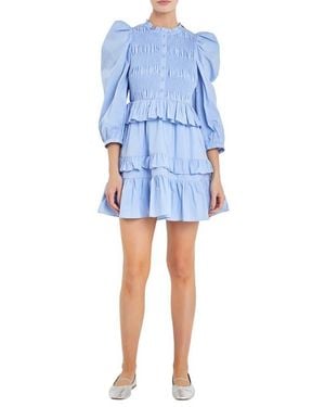 English Factory Smocked Balloon Sleeve Cotton Minidress - Blue