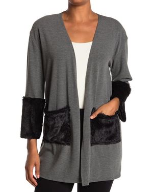 Go Couture Long Sleeve Double Stitch Faux Fur Cardigan - Black