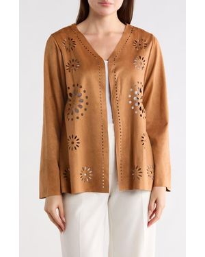 Forgotten Grace Laser-Cut Faux Suede Cardigan - Brown