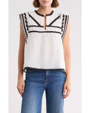 Joie Split Neck Embroidered Top - Blue