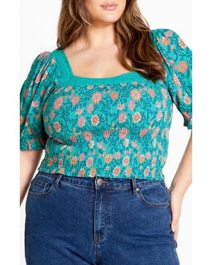 City Chic Aurora Puff Sleeve Top - Blue