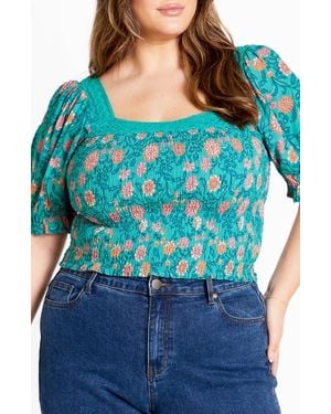 City Chic Aurora Puff Sleeve Top - Blue