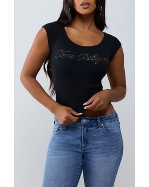 TRUE RELIGION Script Ribbed Scoop Neck T-Shirt - Blue