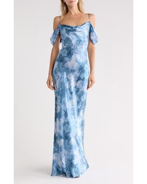 L'Agence Kenna Cold Shoulder Cowl Neck Satin Dress - Blue