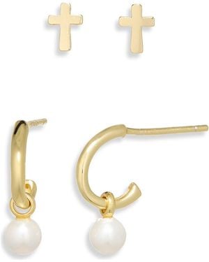 Argento Vivo Cross Stud & Huggie Hoop Earrings Set - White