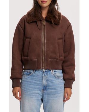 Noize Fannie Faux Fur Collar Faux Suede & Faux Leather Crop Bomber Jacket - Brown