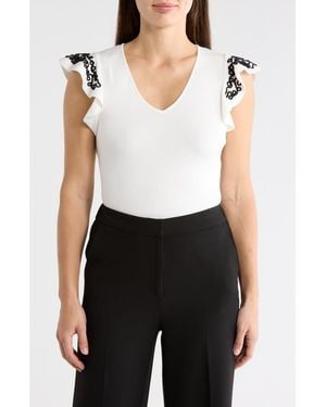 Tahari V-Neck Ruffle Sleeve Top - White