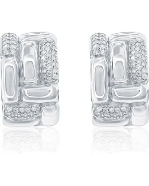 Suzy Levian Cubic Zirconia Checkered Woven Huggie Hoop Earrings - White