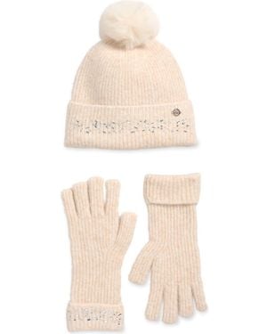 Ted Baker Crystal Faux Fur Pompom Beanie & Scarf Box Set - Natural