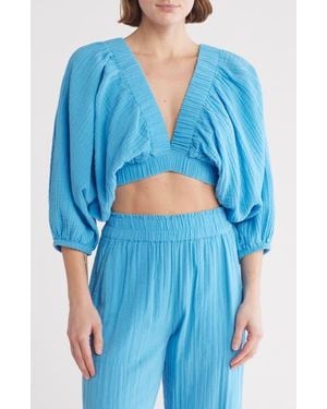 Elan Three-Quarter Balloon Sleeve V-Neck Cover-Up Top - Blue
