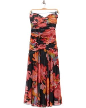 Hutch Bonnie Strapless Ruched Mesh Maxi Dress - Red