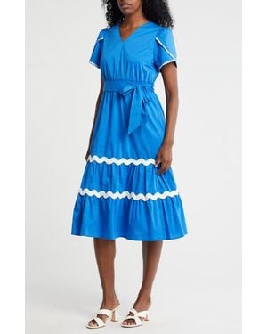 Nanette Lepore Wavy Lace Trim Tie Waist Midi Dress - Blue