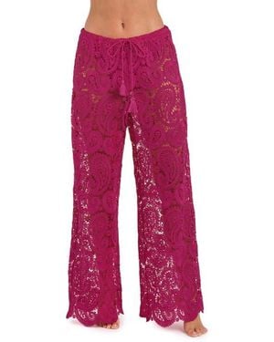 L'Agence Geraldine Lace Wide Leg Cover-Up Pants - Red