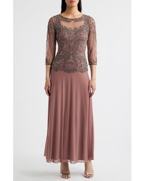 Pisarro Nights Pisaro Nights Beaded Mesh Mock Two-Piece Gown - Red