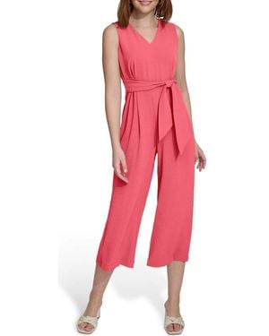 Calvin Klein V-Neck Sleeveless Crop Wide Leg Jumpsuit - Red