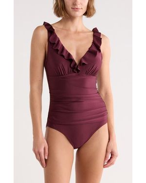 DKNY Ruffle V-Neck One-Piece Swimsuit - Red