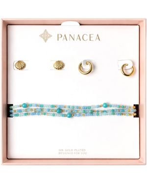 Panacea Shell Stud, Huggie Hoop Earrings & Beaded Stretch Bracelets Set - Multicolor