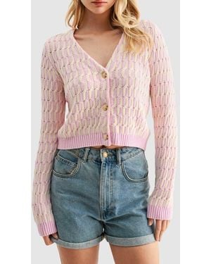 Lush Cable Knit Contrast Cardigan - Red