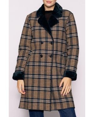 MELLODAY Plaid Faux Fur Topper Coat - Black