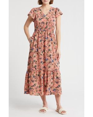 Melrose and Market Flutter Sleeve Smocked Waist Midi Dress - Pink