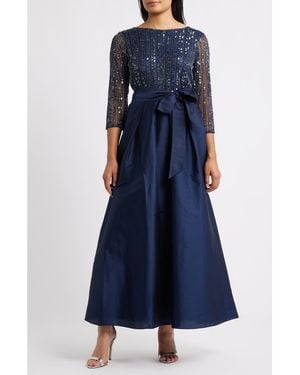 Pisarro Nights Bow Long Sleeve Sequin & Taffeta Gown - Blue